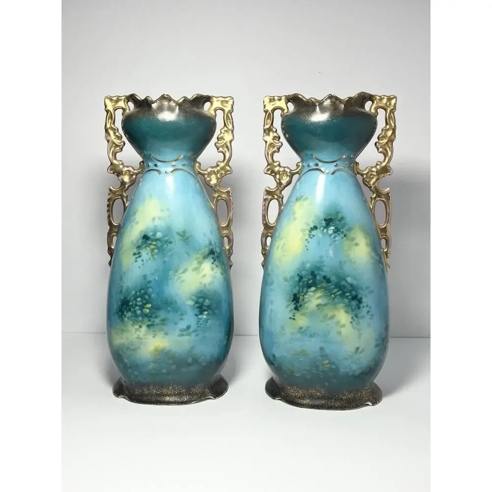 1890s Victoria Carlsbad Austria Art Nouveau 2 Art Nouveau Portrait Vases 11 5/8”